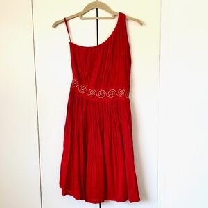 Super cute Grecian summer red cotton gauze one shoulder dress